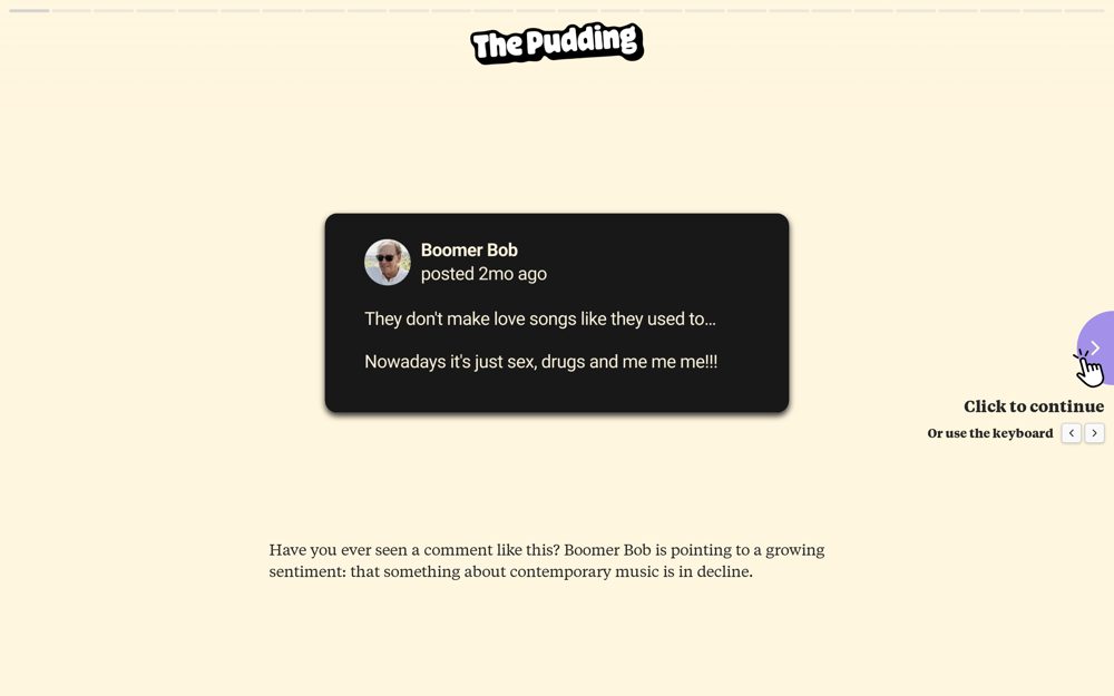 Screenshot of The Pudding - Is the Love Song Dying? Scrollytelling Data Story